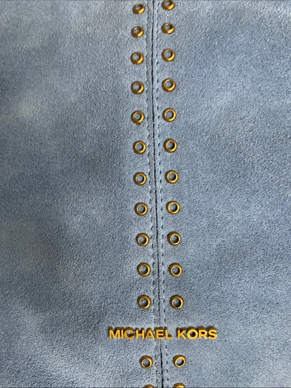 Michael Kors Sky Blue Suede Hobo with Gold MK Charm W 16 H 9.5